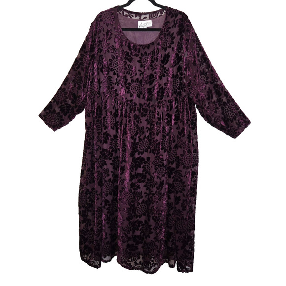 VTG Katy D Deep Purple Babydoll Velour Velvet Burnout Dress PLUS 18/20 Floral - Picture 1 of 16